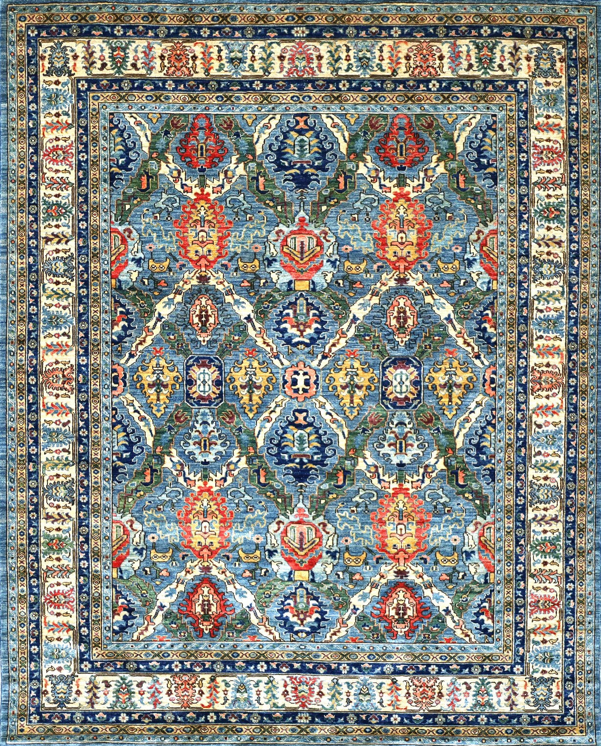 A traditional oriental-style area rug with an intricate floral and geometric pattern in shades of blue, beige, red, and green, shown flat against a white background with a size label below.