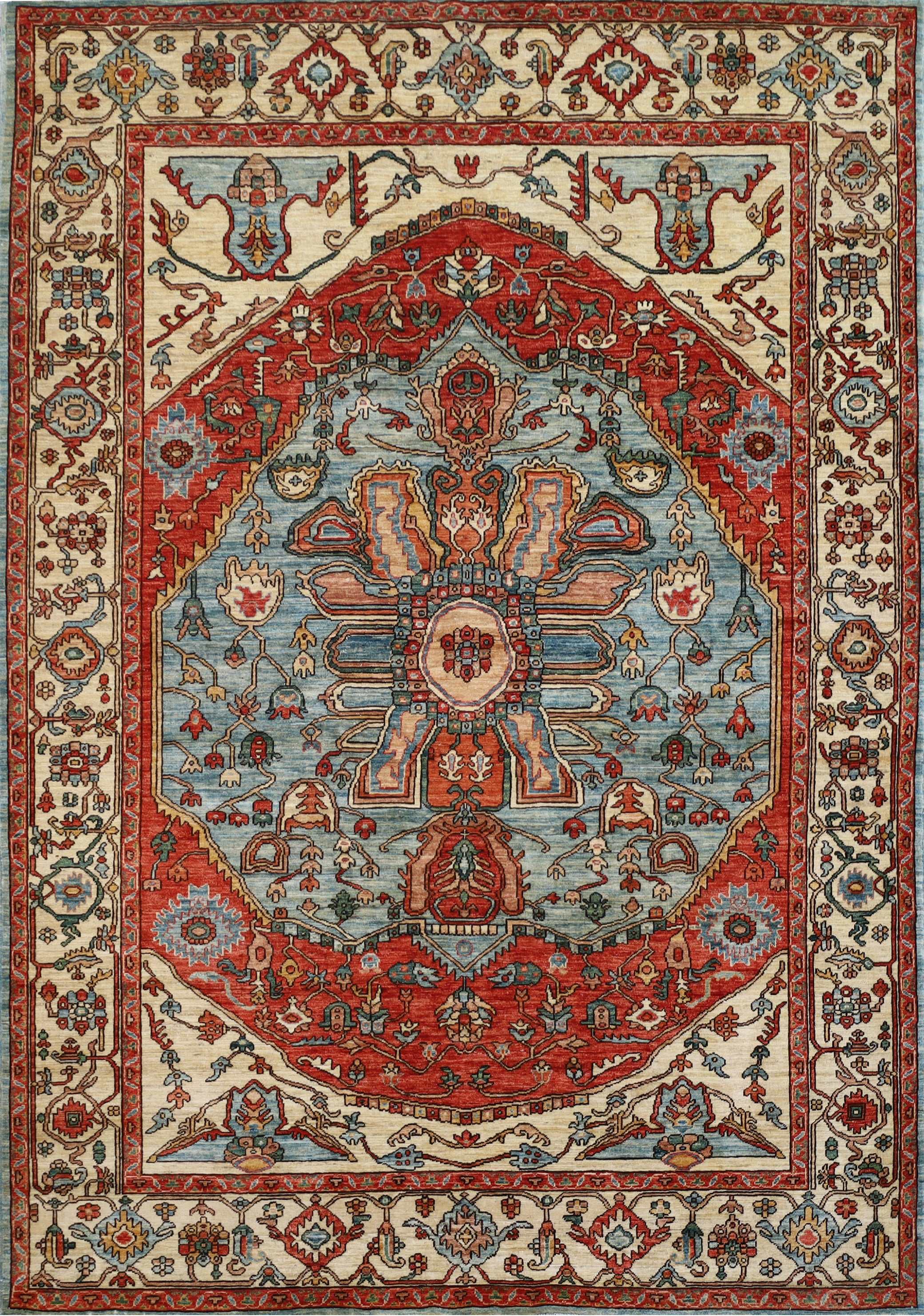 A traditional Persian-style area rug with a complex floral and geometric pattern, featuring a large central medallion in red, blue, and cream, surrounded by a matching patterned border. The image includes a size measurement label at the bottom indicating 296 x 208 cm (6-10 ft x 9-3/4 ft).