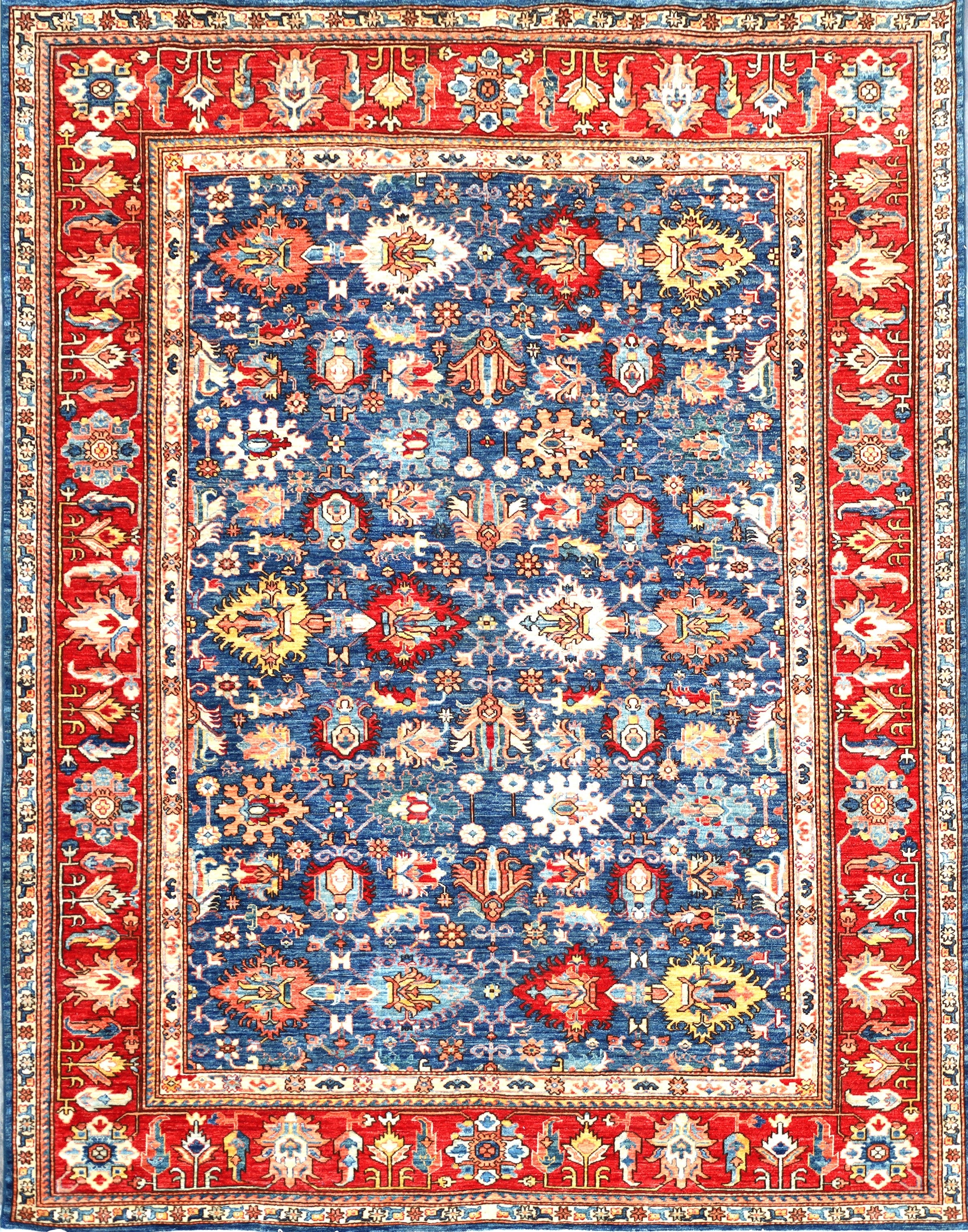 A traditional Persian-style area rug with a vibrant blue central field, surrounded by a red border and intricate cream, yellow, and white floral motifs. The dimensions are labeled at the bottom as 305 x 239 cm (7.