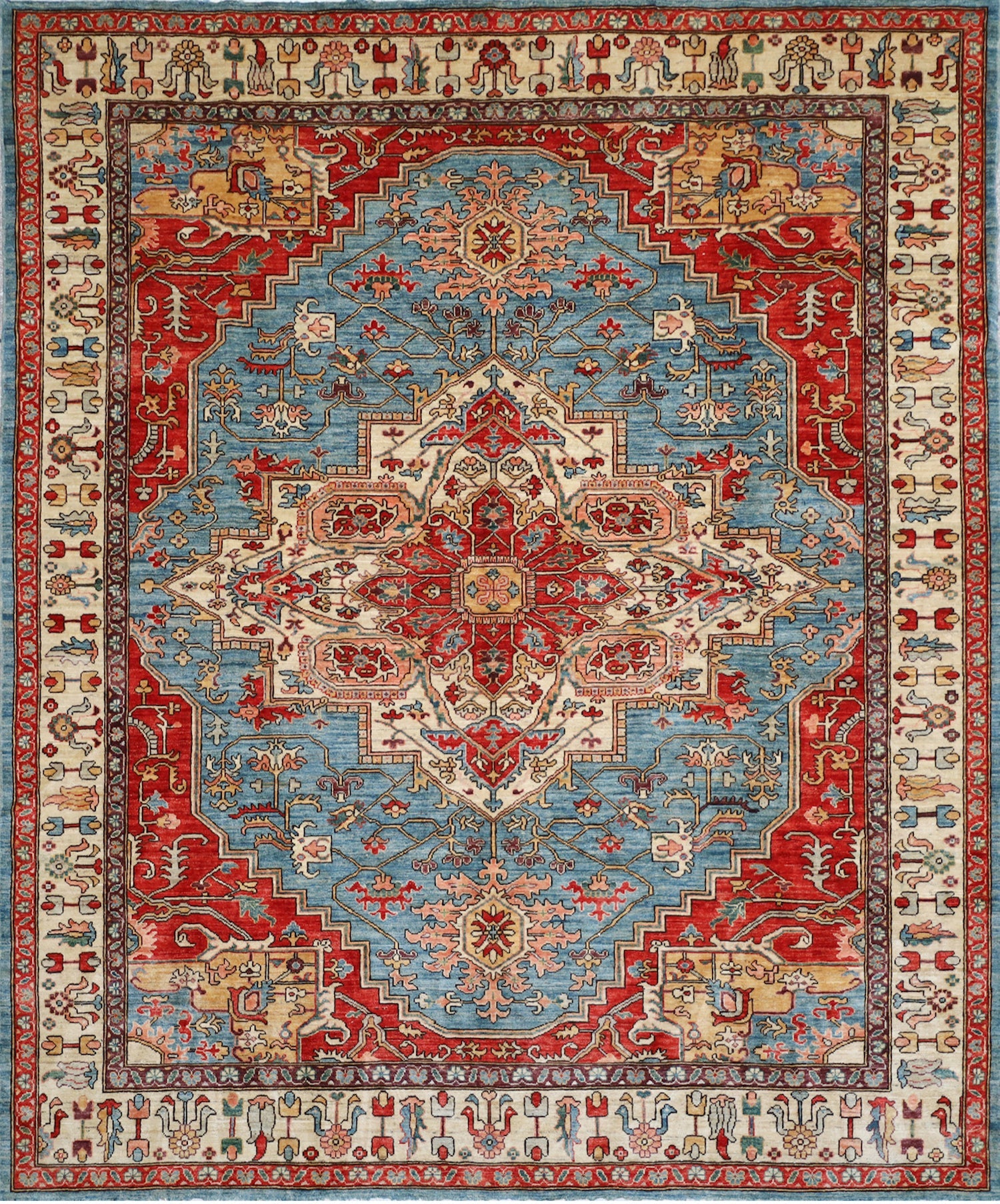 A traditional oriental-style area rug with a complex geometric and floral pattern, featuring a light blue center field, red corners, and cream/beige borders. The image includes a size measurement overlay at the bottom indicating 6254 square meters or 305 x 254 cm (8.