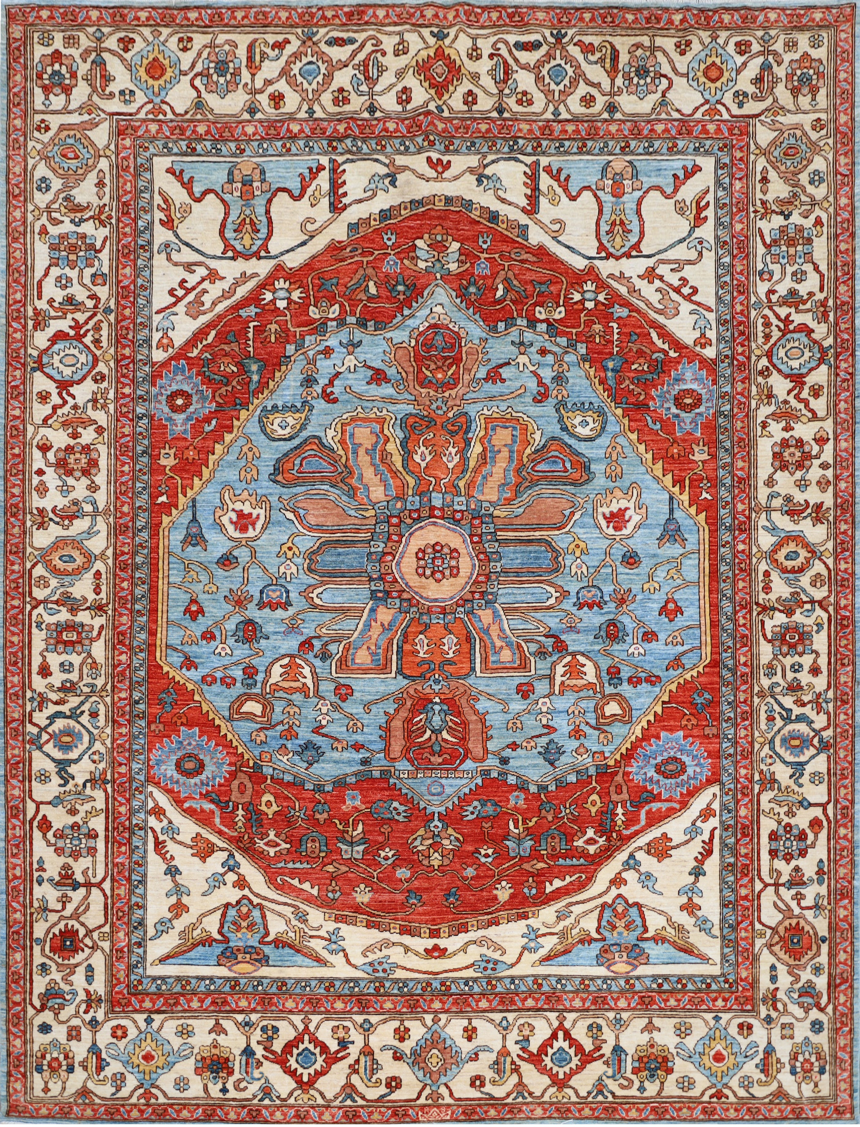 A traditional Persian-style area rug with a complex floral pattern, featuring a large central medallion in red, blue, and beige, surrounded by a detailed border. The image includes a size measurement overlay at the bottom.