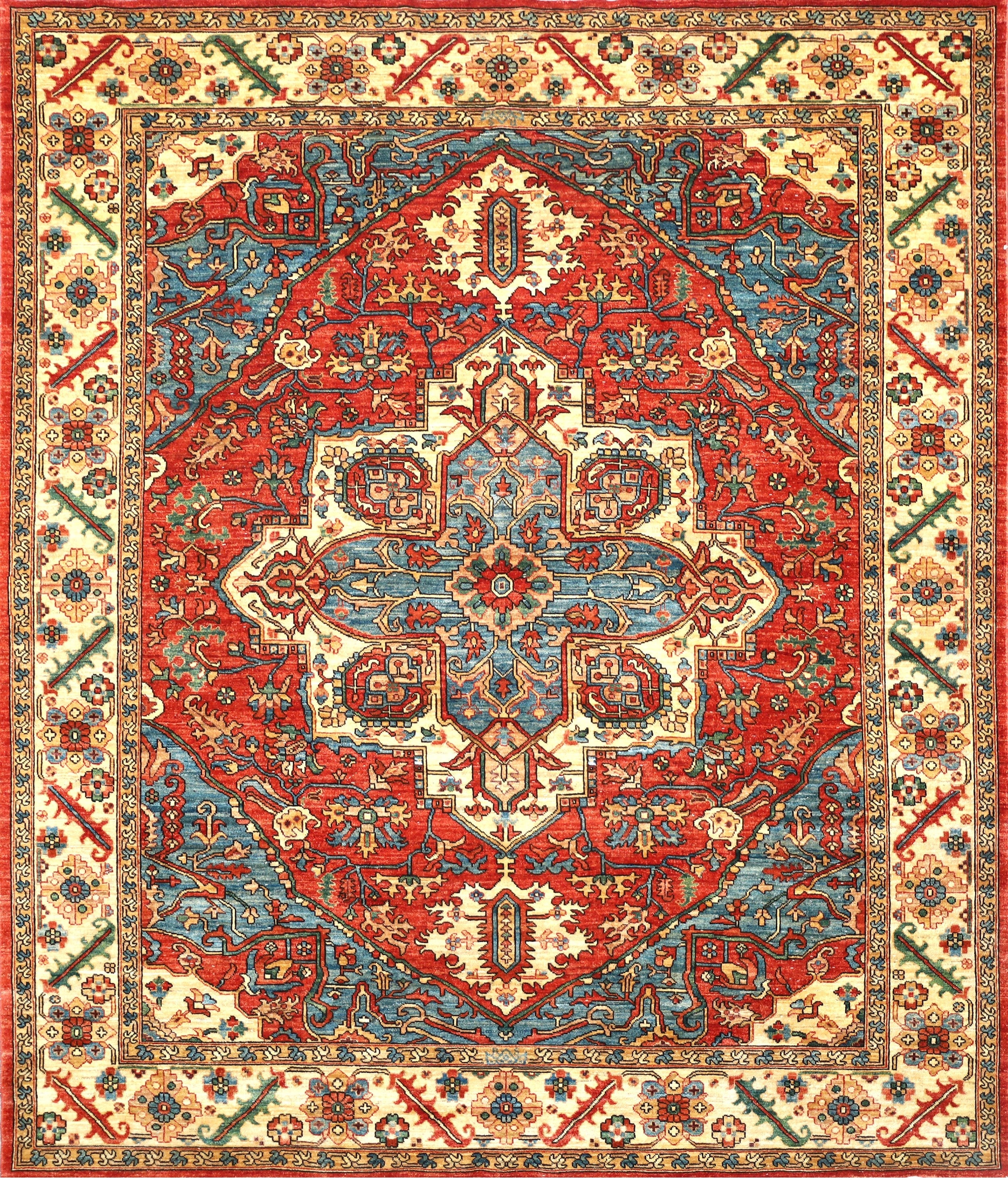 A traditional oriental-style area rug with a large central medallion, featuring a red field, blue and cream floral motifs, and a patterned border. Text at the bottom reads '6257 = ( 292 x 250 cm ) ( 8-2 x 9-7 ft )'.